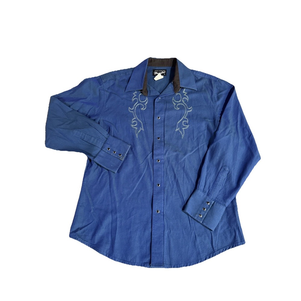 Vintage Wrangler Western Shirt L Long Sleeve Blue Pearl Snap Cowboy - Picture 1 of 6
